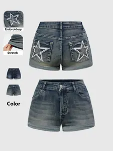 Star Geometric Embroidery High Waist Stretch Denim Shorts, Street Style Fashion Women's Jean Shorts, Perfect for Outdoor Wear
