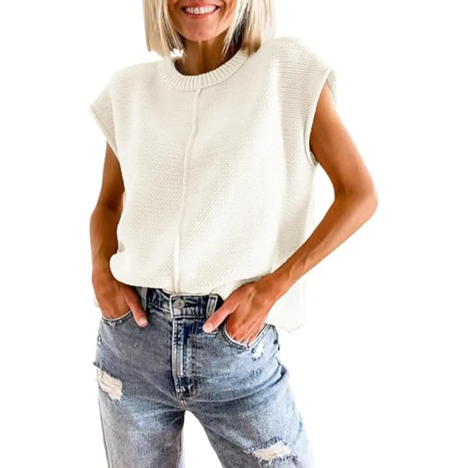 Women's Cap Sleeve Tank Tops Sleeveless Loose Fit Pullover Sweaters Crewneck Knit Crochet Top Vest(White-S)