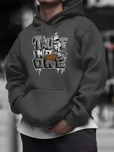 Men's Casual Solid Color Hoodie, Pullover with Kangaroo Pocket, Spring & Fall New Arrival, Printed Letter Design