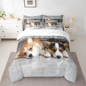 Corgi Dogs Comforter Set,7 Piece Bed in a Bag,Pup Dog Bedding Sets,Cute Pet Animal Sheet Set with Comforter