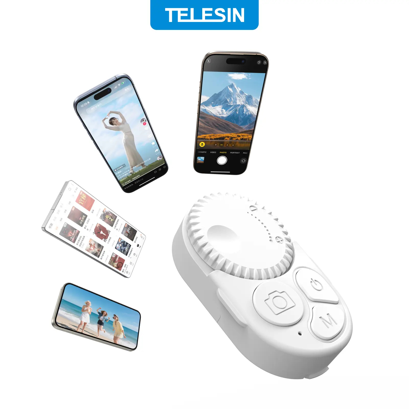 TELESIN Mobile Phone Remote Control with Smartphone Holder Stand, Wireless Scroller Page Turner, Camera Shutter & Video Recorder, 10m Range, Phone Accessories Compatible with iOS/Android/iPhone 17, Smartphone Camera Accessories