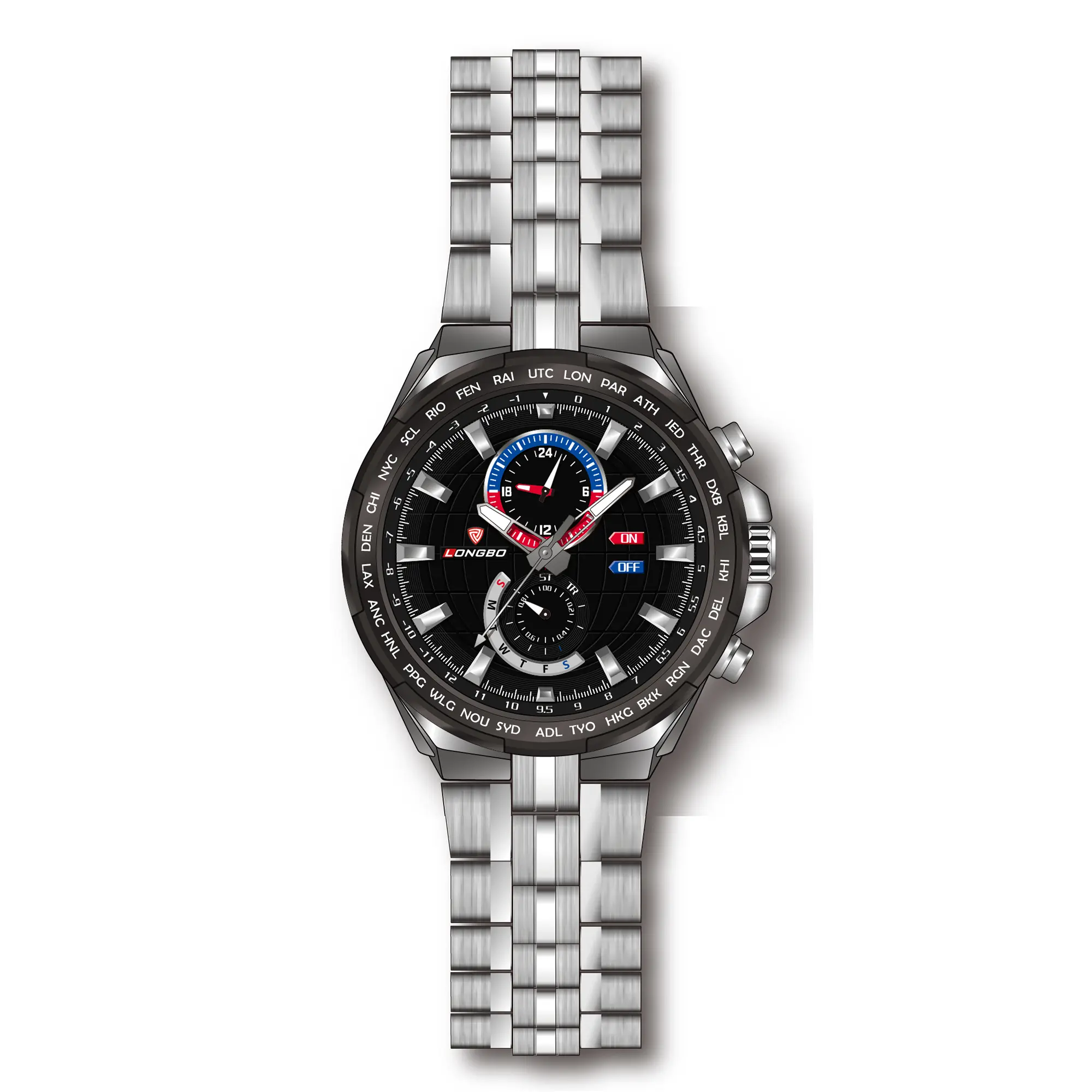 【ING】Men's silver-tone steel band sports wristwatch, dark bezel and clear hour markers+LB80226G