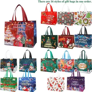 16PCS Christmas Gift Bags With Assorted Patterns. Reusable Non - Woven, Handle - Equipped. Ideal For New Year & Christmas Decor, Perfect For Holiday Gifting.Box Packs heavy-duty storage tote foldable shopping tote Water-Resistant market trip xmas