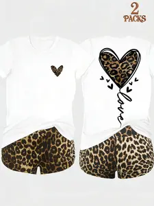 Women's Two-Piece Set, Womenswear Round Neck Short Sleeve T-Shirt + High Waist Leopard Print Shorts, Comfortable Casual for Relaxing Nights