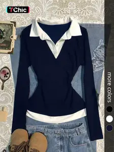 Women's Colorblock patchwork Faux Two-piece Shirt Collar Slim Fit Long Sleeve Top, Simple Comfortable Daily Wear Casual Cute, Versatile Stylish Blouse