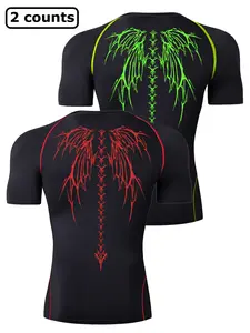 Skeleton Wings Print Short Sleeve Compression Shirt for Men, Summer Gym Workout Fitness Running Sports T-Shirt, Dry Fit Wicking Quick Dry Breathable Tight Fit Tees Sportswear
