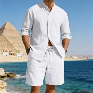 Men's Linen Long Sleeve Shirt & Shorts Set – Loose Washed Linen, Spring Summer Casual 2-Piece Outfit