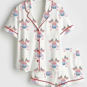 American Flags Chinoiserie Pajama Set, Hydrangeas 4th of July Sleeve Sleepwear, Silky Satin Blue and White Patriotic Pjs