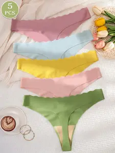 Women's Seamless Thongs, Soft Comfortable Slim Fit Design, Plain Color Everyday Wear, All Season Suitable, Pack of 5