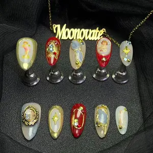 Moonovate | INNER PEACE 10pcs Handmade Press On Nails Almond Nails REUSABLE 3D Gel Fake Nails Acrylic Press On Nails											