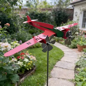 Metal ironwork red aircraft rotatable outdoor wind vane metal windmill for garden or courtyard installation Garden Accessories