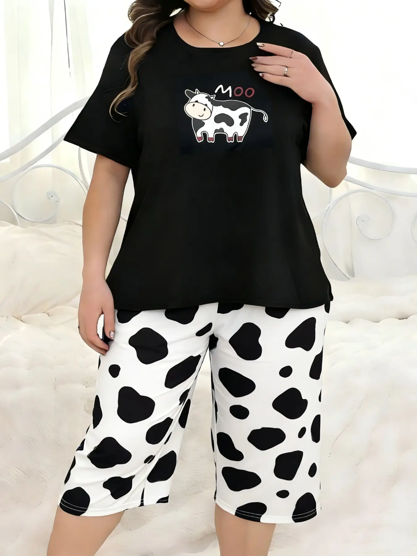 Summer Plus Size Women's Pajamas Set, Loose, Short Sleeve and Capris, Cute Cartoon Cow Print for Comfort, Breathable Home Wear