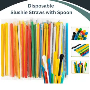 60 PCS Snow Cone Spoon Straws – Disposable Slushie Straws with Spoon, Individually Wrapped Colorful Plastic Straws for Smoothies, Milkshakes, Snow Cones & Party Drinks