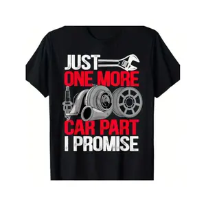 Men's Mechanical Humor Cotton T-shirt One Piece Casual Crew Neck T-shirt Printed with I Promise One More Car Part Suitable for All Seasons Family and Workshop Wear Black with Red and White Pattern