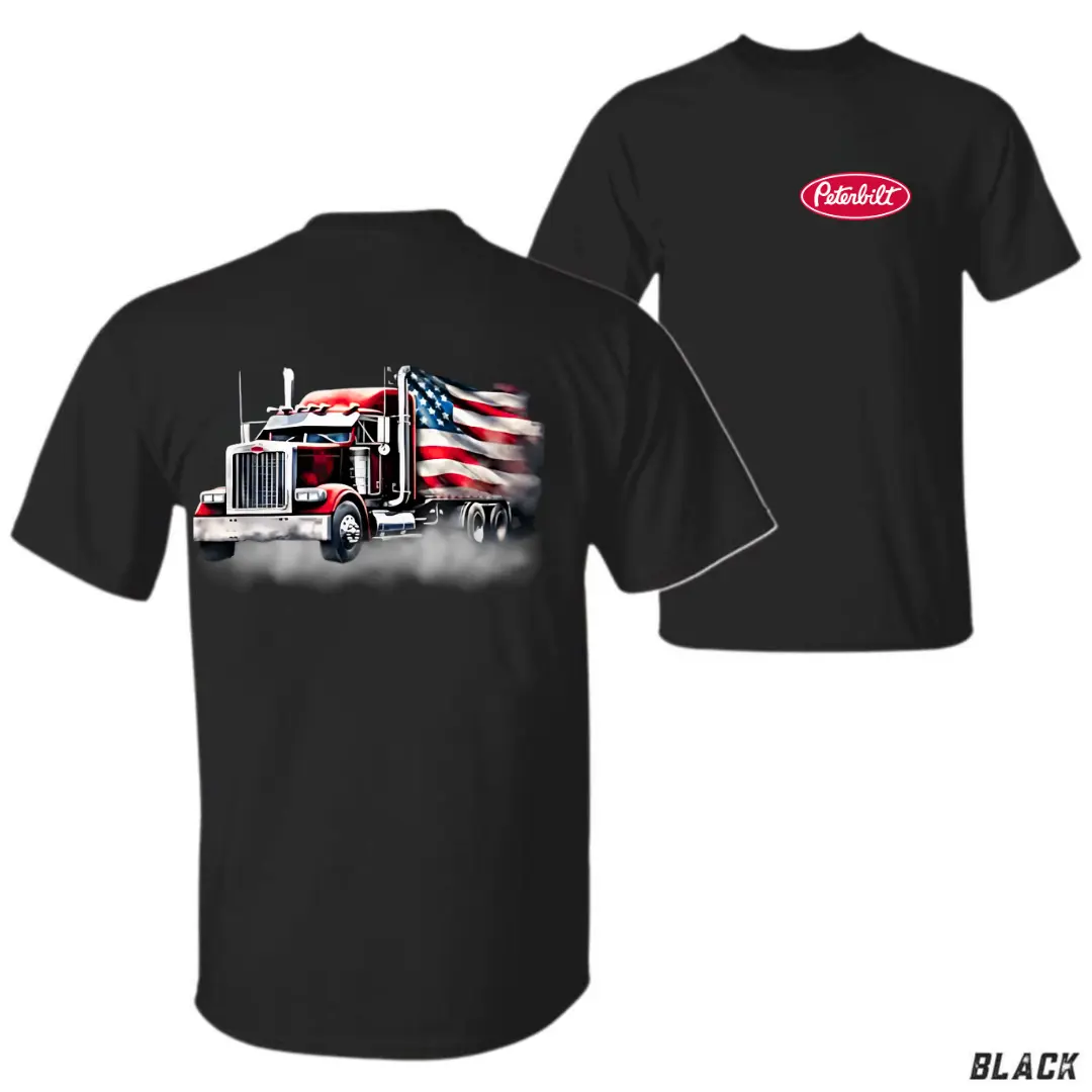 Official Peterbilt American Hauler Tee, Durable Unisex Cotton T-Shirt, Bold Truck & Flag Graphic for Road Trips & Everyday Wear, Comfortable Sport Design