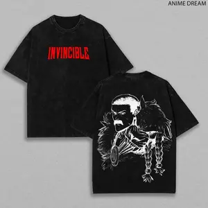 Thragg Invincible Anime Double Printed Vintage ed Tee Unisex Oversize Heavyweight Cotton T-shirt for Anime Fans Men _635 Relaxed Everyday Shirt