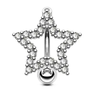 Oufer 14G Star Shape Reverse Dangle Belly Ring with Clear CZ Gems for Females