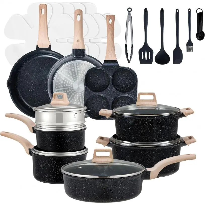 12-Piece Durable Cookware Set, Non-Stick Pots and Pans for Outdoor Camping Cooking with Detachable Handle, Induction & Oven Safe, Black, 12 Pcs