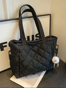 Women's Large Capacity Tote Bag with Diamond Pattern Casual Simple Daily Commuter Shoulder Bag with Cute Charm