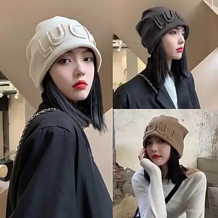 New autumn and winter Japanese style face-showing small letter cold hat for women with ear protection Baotou pile hat with large head circumference knitted hat