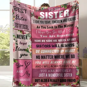 To My Sister Pink Floral Patchwork Sentimental Throw Blanket-Pink Wood Textured Background Watercolor Rose Print Blanket Cozy Soft with Heartfelt Sister‑Bond Love Letter Best Sister Ever Affirmations,Perfect Sentimental Gift for Sister from Sibling
