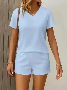 Elegant Two-piece Set Women's Solid Color V Neck Tee & Shorts, Basic Casual Short Sleeve T-shirt & for Spring & Fall, Ladies Clothes Daily Wear, Pajama, Womenswear, Coord Set, Daily Comfort Fit Essential Wardrobe Piece