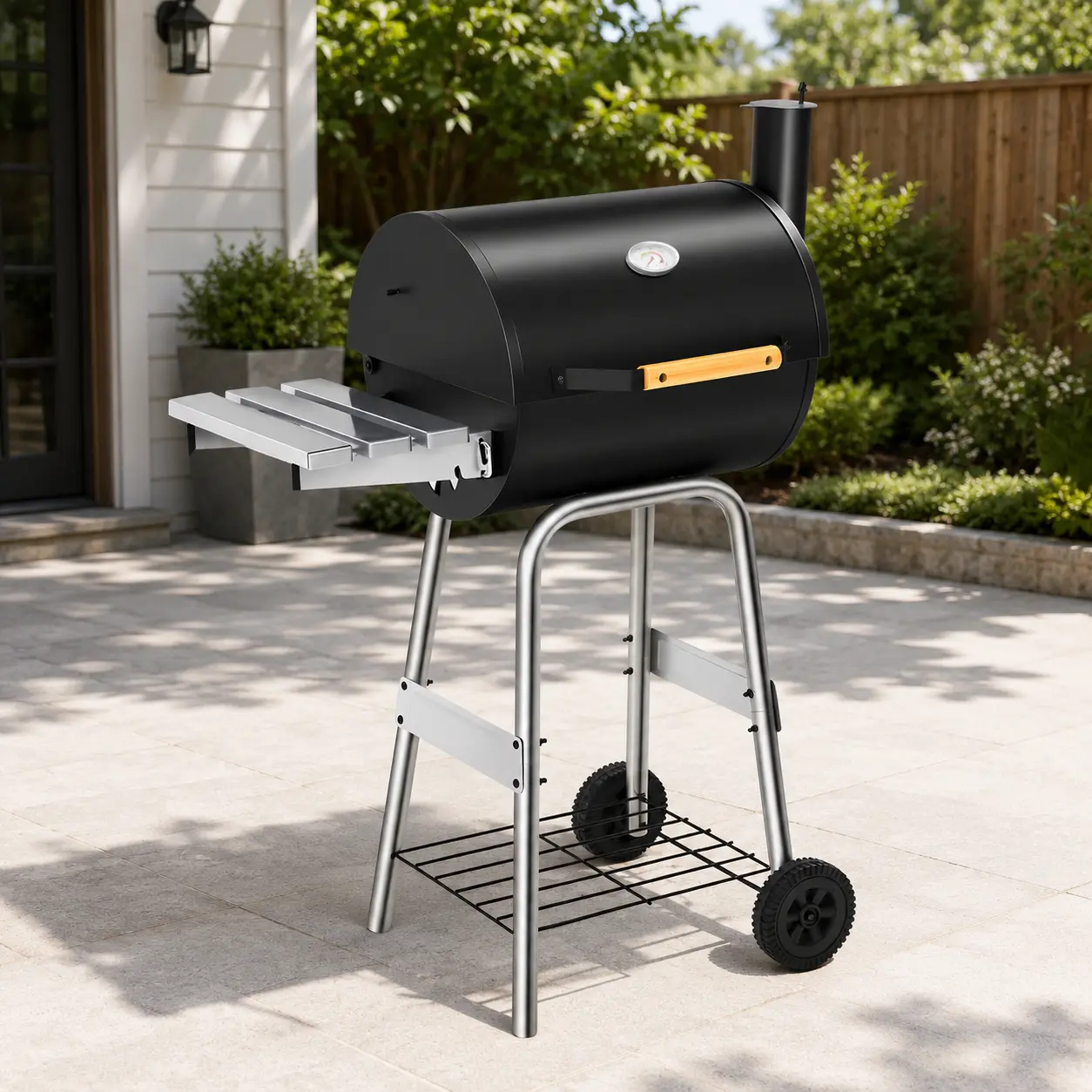 Cylindrical Outdoor BBQ Pit, Stainless Steel Tabletop Charcoal Grill with Foldable Firebox and Warming Rack for Patios and Grilling Outdoor Cooking, Barrel Shape
