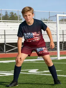 Kids 2 Piece Outfits American Flag Gradient Print Boys Summer Short Sleeve T Shirt + Shorts Set Patriotic Casual Theme Breathable Casual Clothes for School Daily Cool Personality Kids Clothing