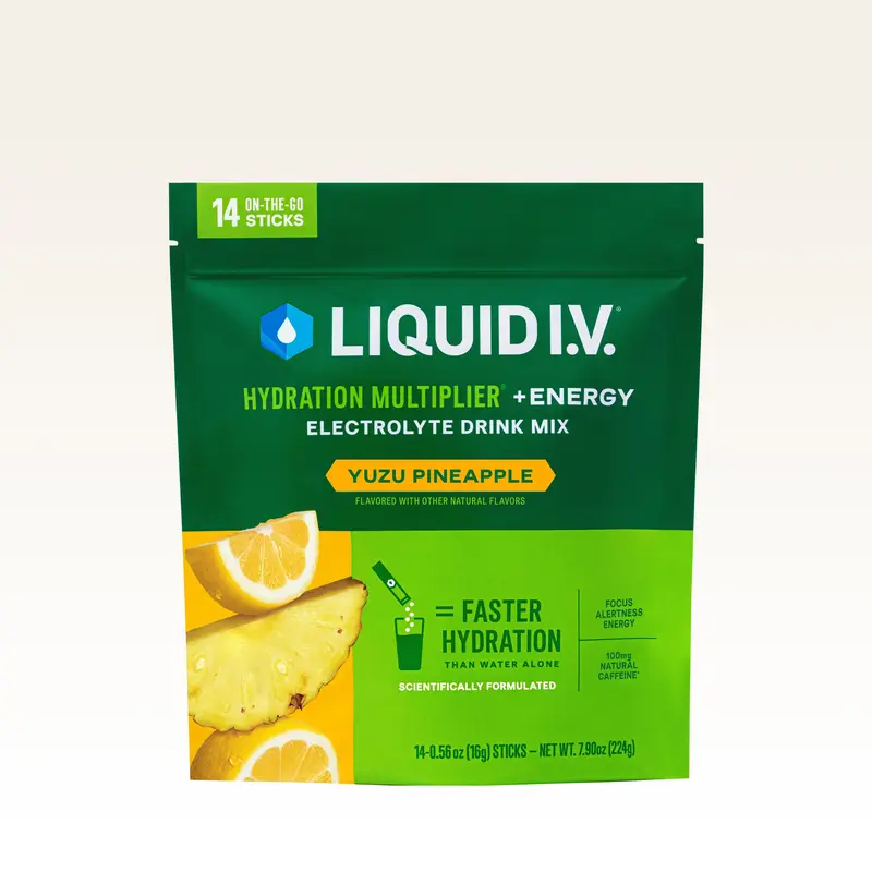 Liquid I.V. Hydration Multiplier +Energy - Yuzu Pineapple - Hydration Powder Packets | Electrolyte Powder Drink Mix | Convenient Single-Serving Sticks | Includes Approx. 100mg of Natural Caffeine | 1 Pack (14 Servings)