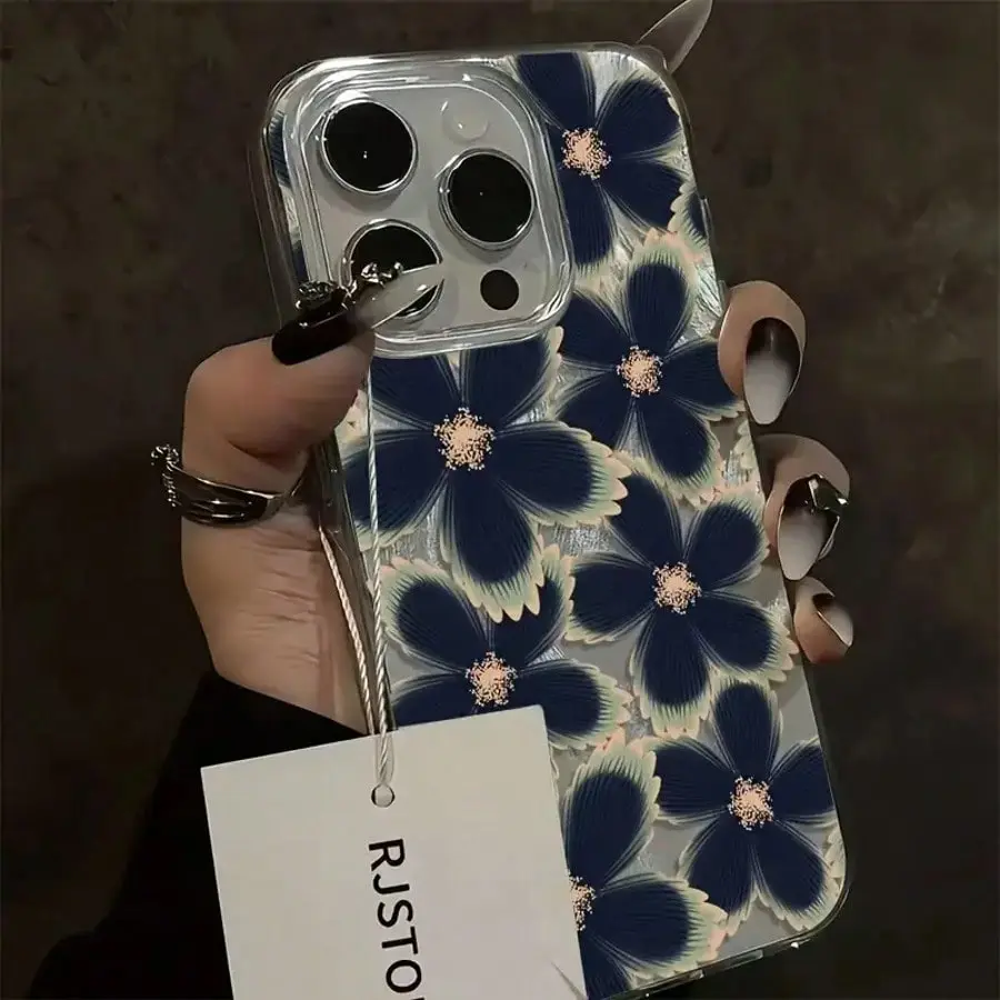 Feather & Flower Printed Blue Smartphone Case - 1-Piece TPU Waterproof, Shockproof, Scratch-Resistant Casing Cover for iPhone 17/16/15/14/13/12/11, Ideal Holiday Gift Tech Accessories (Pair with Screen Protector for Full Protection),summerwins summerwins