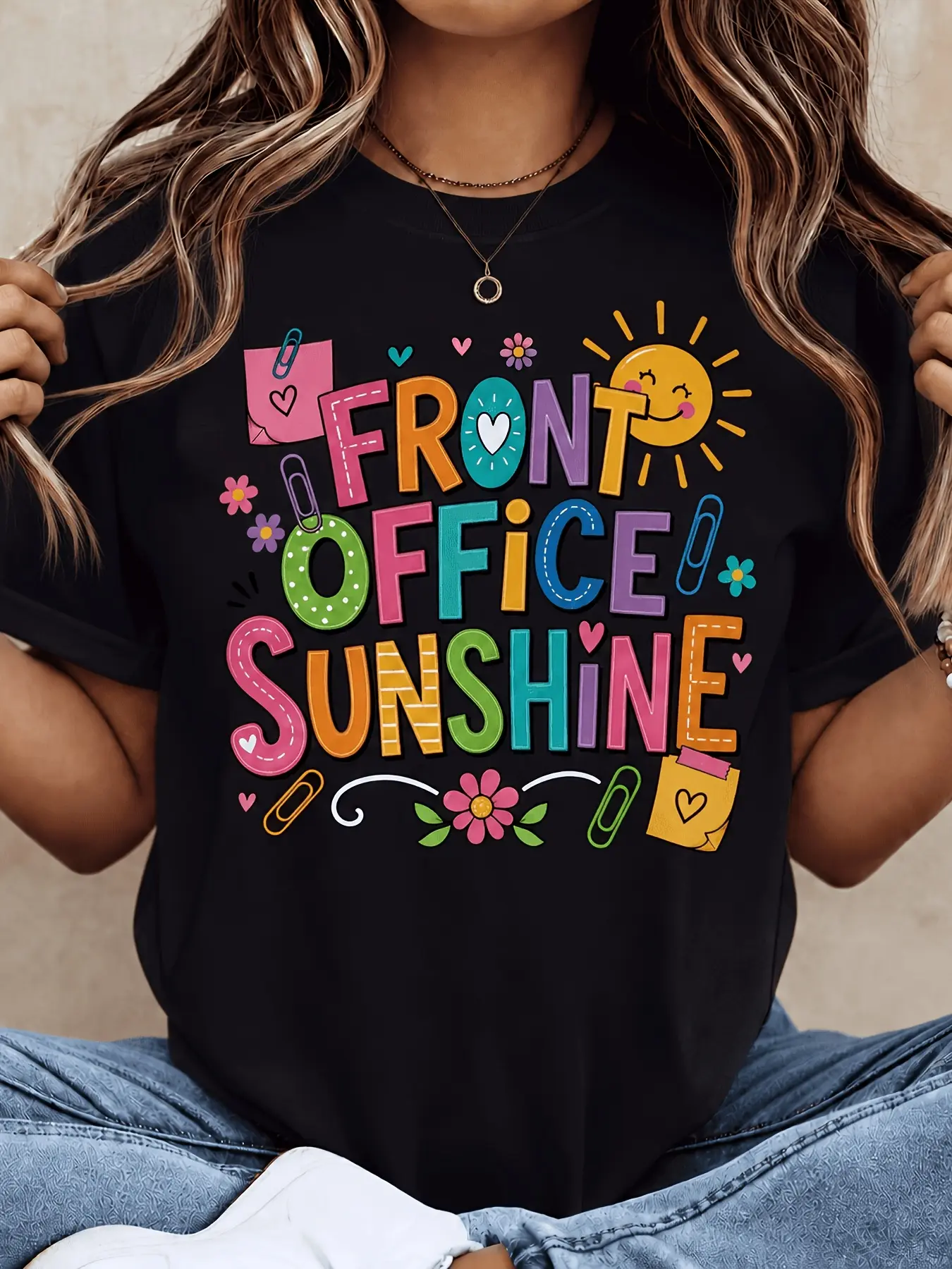 Front Office Sunshine T‑Shirt, Colorful Fun Graphic Crew Neck Short‑Sleeve Tee, Gift For Secretary Admin Staff Teacher Back To School Casual Top