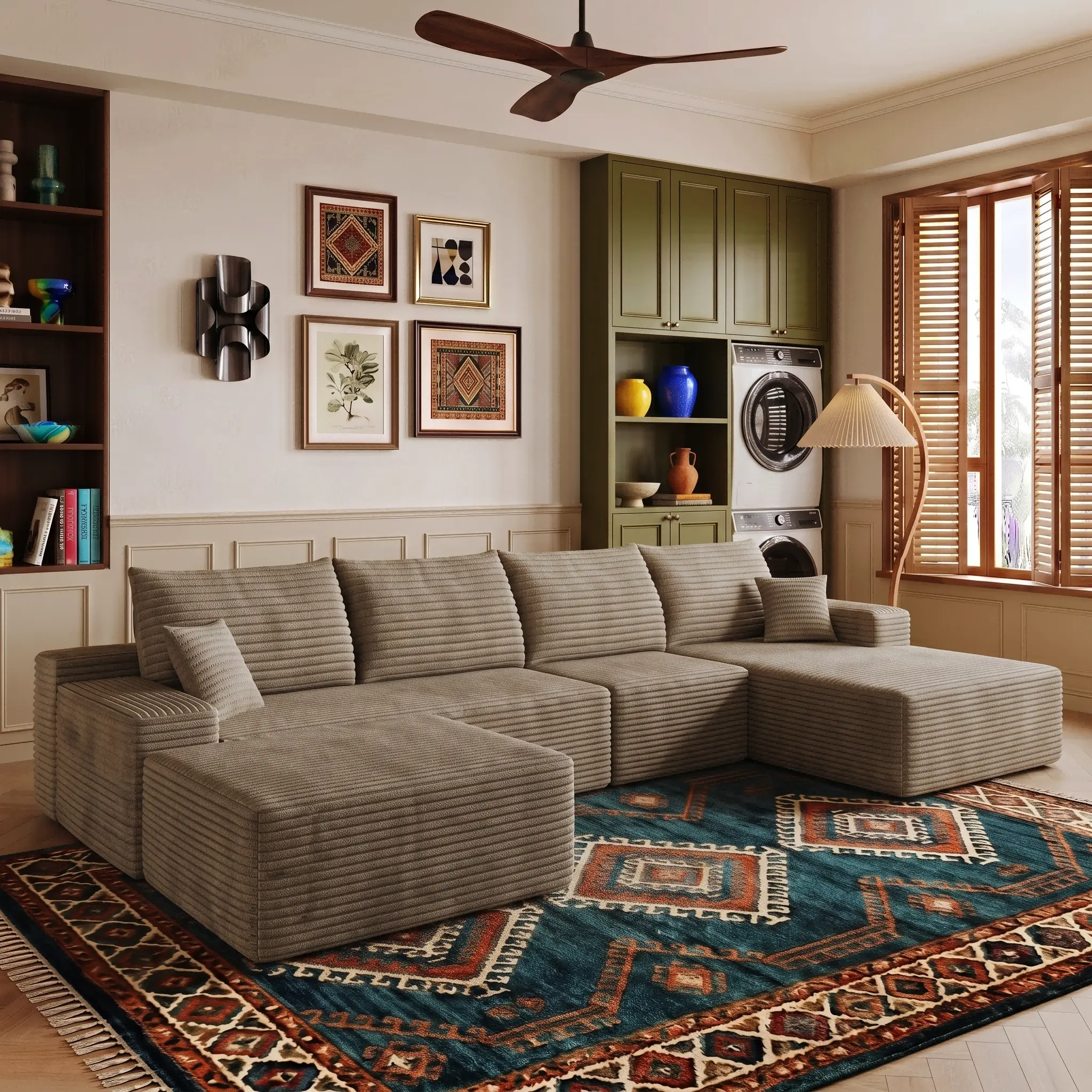 【4 Packages】Eyisean 135" Corduroy Oversized Boneless Sectional Sofa with L-Shape Left Chaise, Modern Modular Cloud Couch Sectional Sofa with Deep Seat, Boneless Couch for Living Room, No Assembly Required, Cozy Fluffy Sofa for Living Room