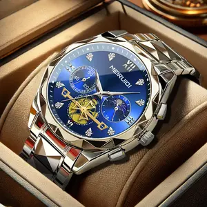 MEIRUIQI Luxury Business Men's Quartz Watch with Stainless Steel Strap Blue Dial Waterproof Durable Fashion Watch for Daily Wear