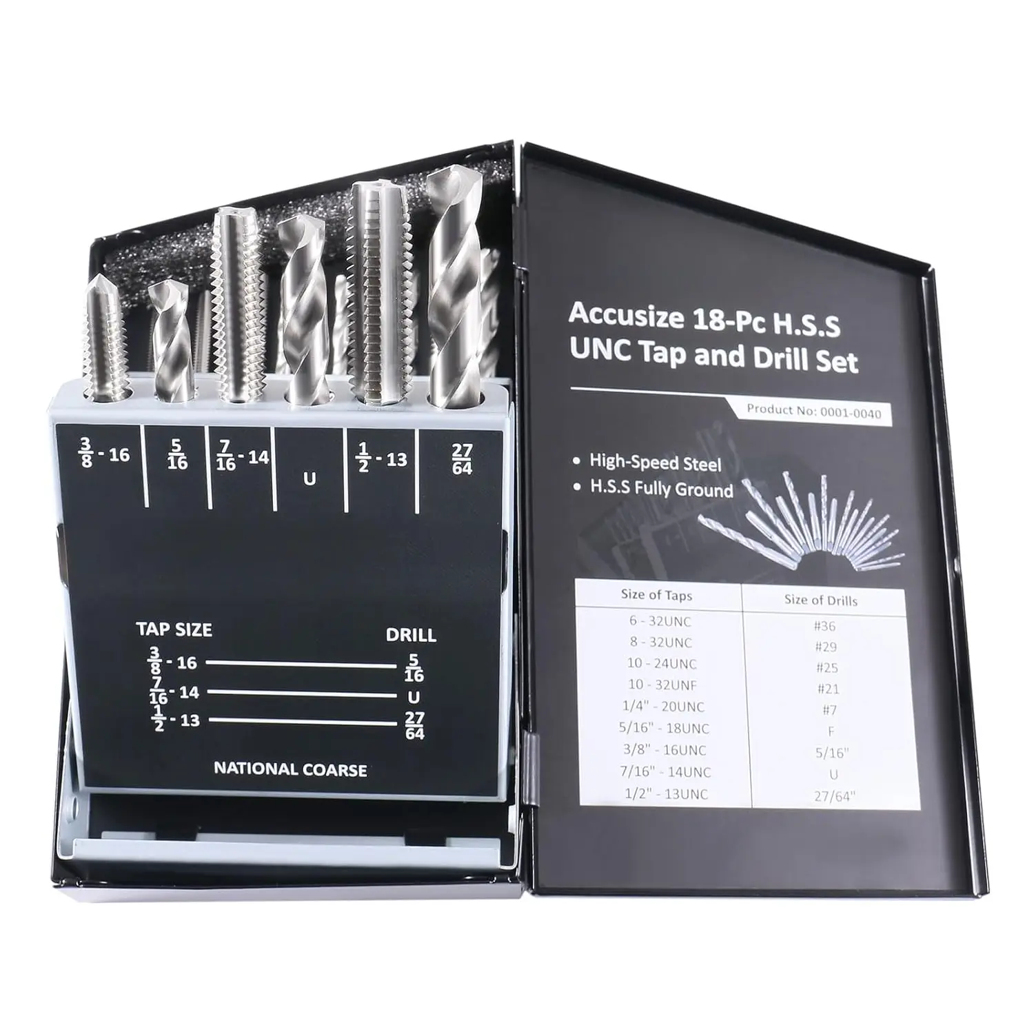 U.N.C. 18 count H.S.S. Tap and Drill Set, 0001-0040