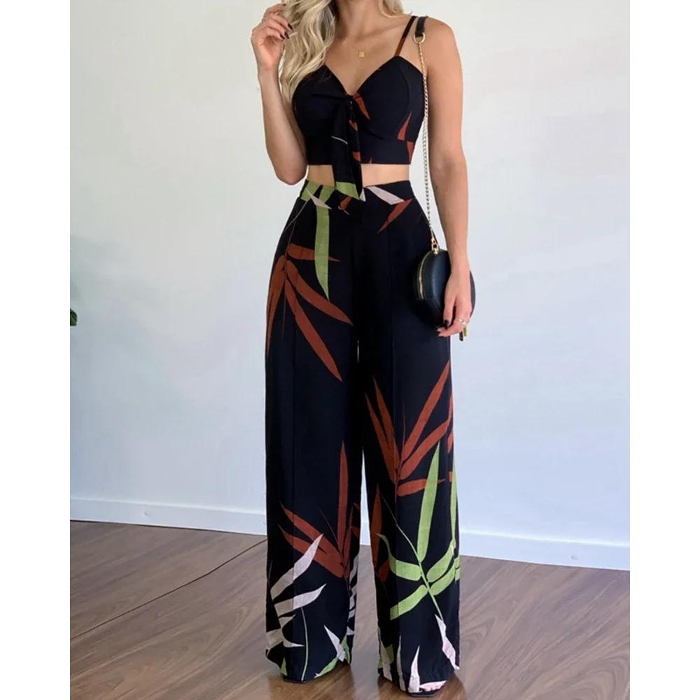 Tropical Print Spaghetti Strap Casual Lace up Back Top &High Waist Pants Set