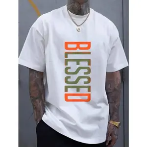Classic Comfort: 100%25 Cotton Men's Tee Men's Plus Size BLESSED 3D Printed T-Shirt - Bold Geometric Lettering, Breathable Comfort Fit, Machine Washable Casual ShortFashion 	   Unisex T-shirts M-5XL
