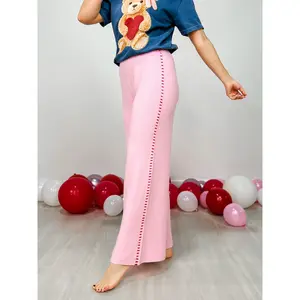 Wide Leg Knit Pants With Blanket Stitch