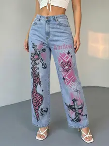 Jeanius Women's High Waist Wide Leg Denim , Medium Stretch Extra Light Wash, Gothic Cross Leopard Print "Heartless" Graphic, Y2K Streetwear Semi Baggy Jeans