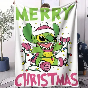 Christmas green monster Stitch patterned blanket, soft and comfortable blanket, home decoration holiday gift, suitable for offices and sofas, a single-sided printed blanket