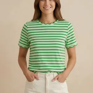 Women's Chic Preppy Cotton Short-Sleeve T-Shirts - Feminine Scalloped Edge Round Neck, Lightweight Soft Fabric Summer Tops, Versatile for Matching Skirts, Jackets, Casual Everyday Womenswear