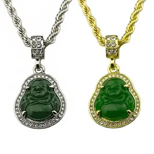 Lucky Happy Buddha Iced Gold Silver Plated Unisex Lab Diamonds Religious Pendant & 4mm 24" Rope Chain Necklace Fashion Jewelry Gift For Men, Women