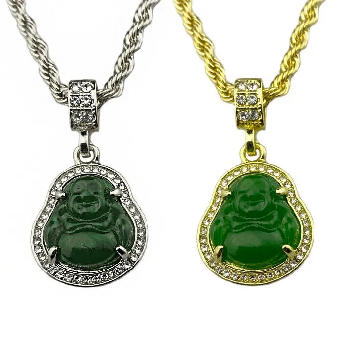 MaxBling81 Lucky Happy Buddha Iced Gold-Silver Plated Unisex Lab Diamond Religious Chain Jewelry Necklace - 4mm 24" Rope Chain & Pendant, Daily Casual Costume Jewelry Gift For Men, Women, Chain Jewelry Necklaces