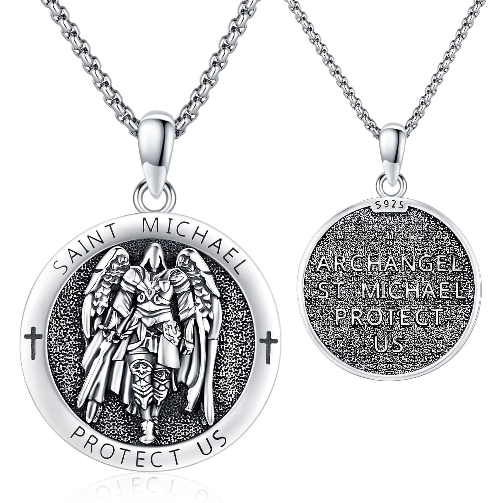 DRINSPER 925 Sterling Silver St Michael the Archangel Cross Religious Jewellery Pendant Necklace - Retro Look Religious Icon, 1.47in*1.12in Silver Cross Pendant, 22” Chain for Protective Professionals, Casual Spiritual Jewelry for Adult Males