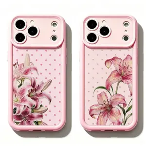 TY-Pink Border Lily Polka Dot Phone Case,Soft Pink Lily Floral Phone Case,Girly Polka Dot Flower Aesthetic Protective Cover For iPhone 11 12 MINI 13 MINI 14 15 16 17 Air Pro Max for Samsung S26 S25 S24 S23 S22 S21 Case,Gift for her/him