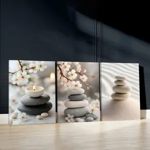 3pcs Set Peaceful Ambiance Wall Art, Serene White Flowers Poster, Harmonious Stacking Art Prints, Relaxing Gravel Home Decor, Modern Wall Paintings, Cozy Canvas Posters Wall Arts, Decor for Living Room, Restaurant, Kitchen, Bedroom，With Frame