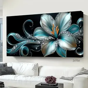 Luxury Blue Lily Canvas Wall Mural - A mysterious black background accented with white and gold flowers, turquoise blue petals, and a wraparound wooden frame. This modern floral painting is suitable for living rooms, bedrooms, and home offices - ready to