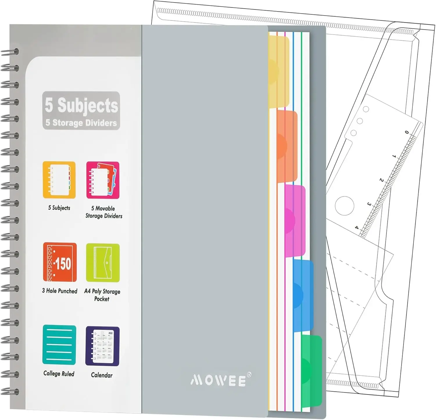 5 Subject Notebook - Spiral Notebook, College Ruled Notebook With Dividers Pocket, Tabs, 11" Ruler, 300 Pages, for Writing Journal,  & Office, School Supplies,8.5''x11'' Lily White 150Sheets