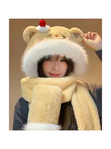 Cute Cream Cake Bear Plush Trapper Hat for Women, 2-in-1 Hat & Scarf Design, Winter Warm Ear Protection Face-Slimming Ushanka