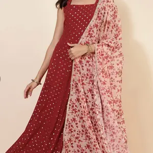 Red Georgette Foil printed Anarkali Kurta and Dupatta