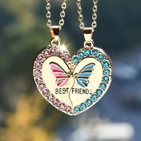 1 Pair Butterfly Heart Shaped Alloy Pendant Necklace, Fashionable Accessory, Jewelry Accessories for Party, Daily Clothing Decor, Birthday Gift without Box, Heart Design Necklace